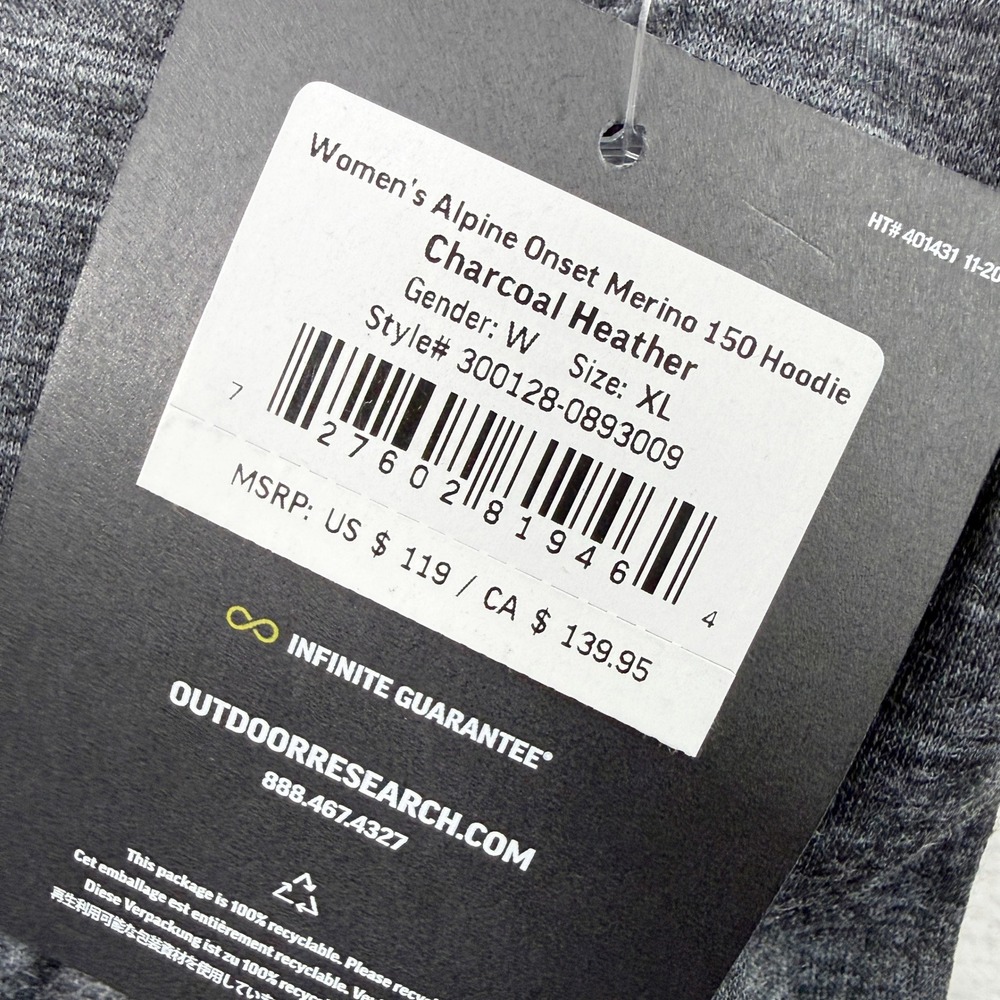 Outdoor Research Alpine Onset Merino 150 Hoodie Size XL Womens Charcoal Gray NEW - Picture 7 of 9